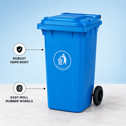 100L Wheelie Bin with Lid, Blue Heavy Duty HDPE Wheeled Refuse Bin with Rubber Wheels and Steel Axle, Outdoor Waste Bin for Home, Flat, Garage and Workplace, 74 × 53 × 45 cm