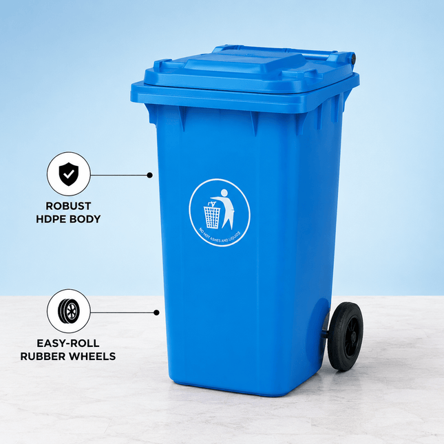 100L Wheelie Bin with Lid, Blue Heavy Duty HDPE Wheeled Refuse Bin with Rubber Wheels and Steel Axle, Outdoor Waste Bin for Home, Flat, Garage and Workplace, 74 × 53 × 45 cm