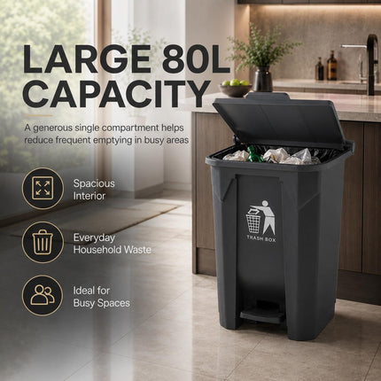 80L Pedal Bin with Lid, Large Black Plastic Kitchen Rubbish Bin for Home, Office, Bathroom and Workspace Waste