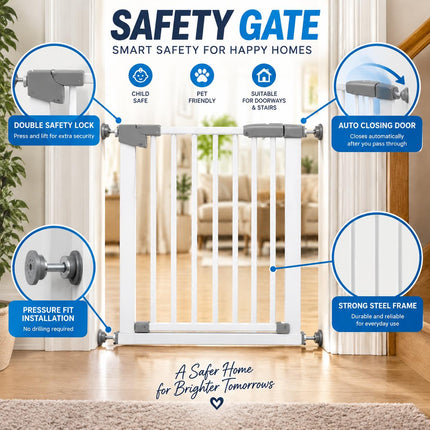 Baby Safety Gate Pressure Fit Stair Gate Auto Close Double Lock Steel Child Pet Gate Adjustable 63-70cm Doorway Barrier No Drill Installation Walk Through Safety Gate for Stairs Hallway Home