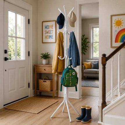Coat Rack Stand with 12 Hooks, White Metal Clothes Hanger Tree, Hat & Umbrella Organizer for Entryway