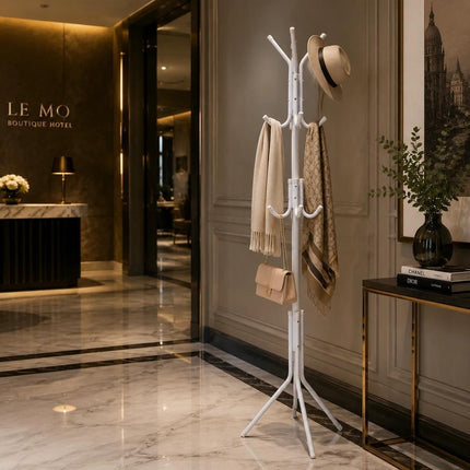 Coat Rack Stand with 12 Hooks, White Metal Clothes Hanger Tree, Hat & Umbrella Organizer for Entryway