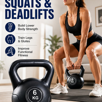 Vinyl Kettlebell Weight 4KG–20KG, Cast Iron Strength Training Equipment with Wide Grip Handle & Stable Flat Base, Free Weight for Home Gym, Squats, Swings and Full Body Workouts