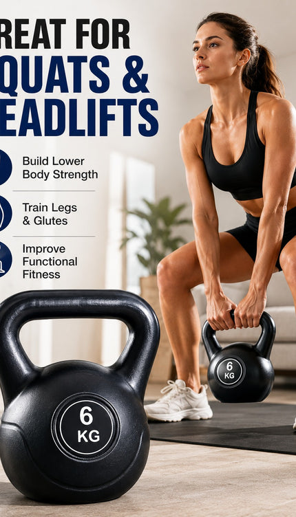 Vinyl Kettlebell Weight 4KG–20KG, Cast Iron Strength Training Equipment with Wide Grip Handle & Stable Flat Base, Free Weight for Home Gym, Squats, Swings and Full Body Workouts