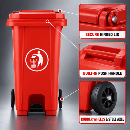 120L Red Outdoor Wheelie Bin with Lid, Heavy Duty HDPE Waste Rubbish Dustbin with Rubber Wheel