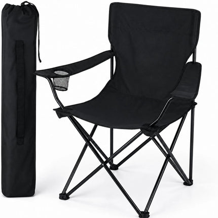Folding Camping Chair with Cup Holder Black Portable Lightweight Outdoor Chair Steel Frame Polyester Seat for Garden, Beach, Picnic, Fishing & Festivals, Supports Up to 110KG