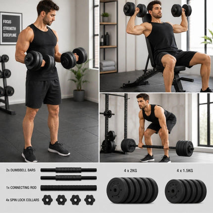 20KG Adjustable Dumbbell & Barbell Set | Home Gym Weight Set with Connecting Rod, Spin Lock Collars & Weight Plates