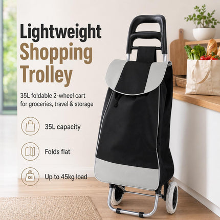 Shopping Trolley 35L Folding Lightweight 2 Wheel Cart with Large Waterproof Bag for Groceries Travel and Storage Black