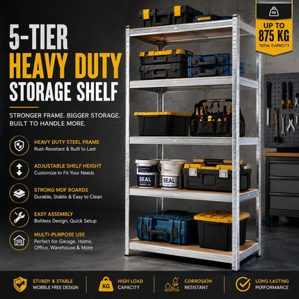 5-Tier Garage Heavy Duty Storage Shelving Unit – Galvanized Steel Metal Rack for Garage, Warehouse, Workshop & Home Storage