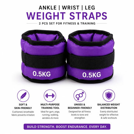 Ankle Wrist Weights Pair Purple Adjustable Leg Weights Straps for Walking Running Yoga Gym Fitness Training Home Workout 0.5kg-3kg