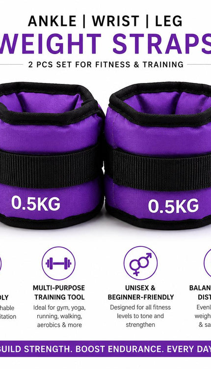 Ankle Wrist Weights Pair Purple Adjustable Leg Weights Straps for Walking Running Yoga Gym Fitness Training Home Workout 0.5kg-3kg