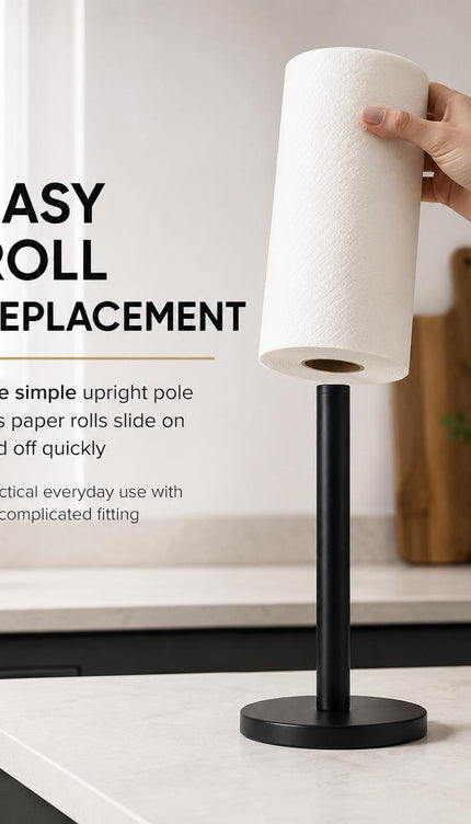Kitchen Roll Holder Pack of 2 Free Standing Matt Black Stainless Steel Paper Towel Stand Countertop Holder 31.8cm