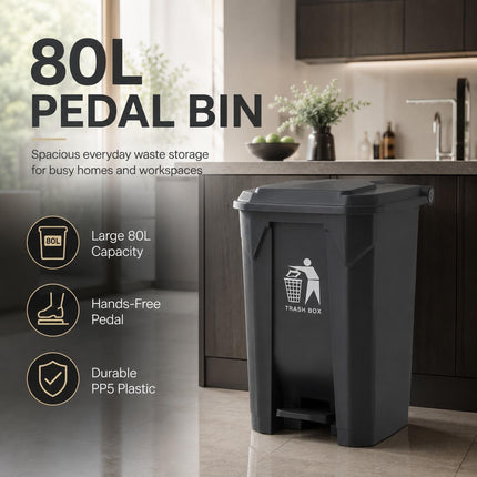 80L Pedal Bin with Lid, Large Black Plastic Kitchen Rubbish Bin for Home, Office, Bathroom and Workspace Waste