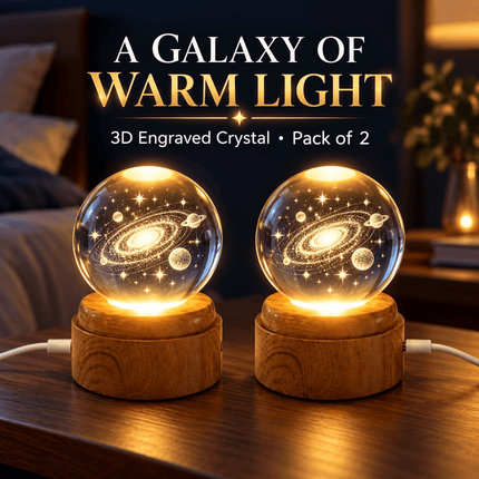 3D Tree of Life Crystal Ball LED Decorative Lamp, 6cm Glass Globe with 360° Rotating Wooden-Effect Base, Warm White USB Powered Ornament, Pack of 2