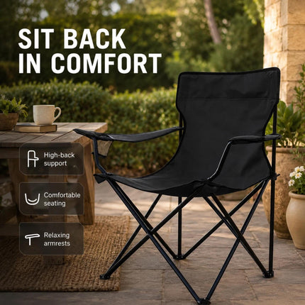 Folding Camping Chair with Cup Holder Black Portable Lightweight Outdoor Chair Steel Frame Polyester Seat for Garden, Beach, Picnic, Fishing & Festivals, Supports Up to 110KG
