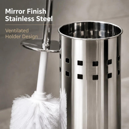 Toilet Brush & Holder Set Silver Stainless Steel Long Handle WC Cleaning Brush with Mirror Finish Storage Holder Bathroom Accessory
