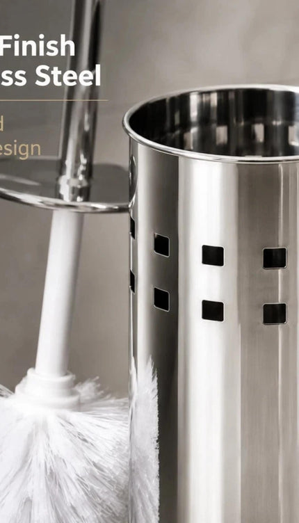 Toilet Brush & Holder Set Silver Stainless Steel Long Handle WC Cleaning Brush with Mirror Finish Storage Holder Bathroom Accessory