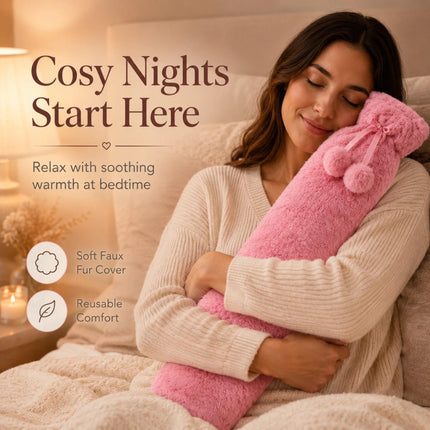 Hot Water Bottle with Soft Plush Fleece Extra Long 2.2L Cover  Pink  Long Heat Therapy Bottle for Neck, Back, Shoulders, Waist & Period Pain Relief