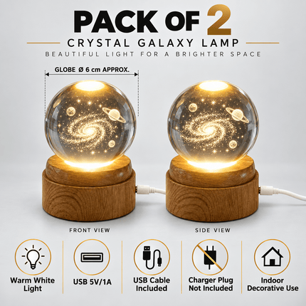 3D Tree of Life Crystal Ball LED Decorative Lamp, 6cm Glass Globe with 360° Rotating Wooden-Effect Base, Warm White USB Powered Ornament, Pack of 2