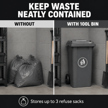 100L Grey Wheelie Bin with Lid, Rubber Wheels & Push Handle, Heavy Duty HDPE Wheeled Rubbish Bin for Home, Garden, Garage & Workplace, 74 × 53 × 45 cm