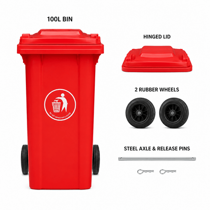 100L Red Wheelie Bin with Lid and Rubber Wheels, Heavy Duty HDPE Outdoor Refuse Waste Bin, 74 x 53 x 45 cm, for Home, Flat, Garage and Workplace