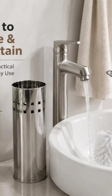 Toilet Brush & Holder Set Silver Stainless Steel Long Handle WC Cleaning Brush with Mirror Finish Storage Holder Bathroom Accessory