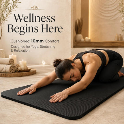 Yoga Mat 10mm Thick Non Slip PVC Pilates Gym Exercise Workout Mat Black 183x61cm