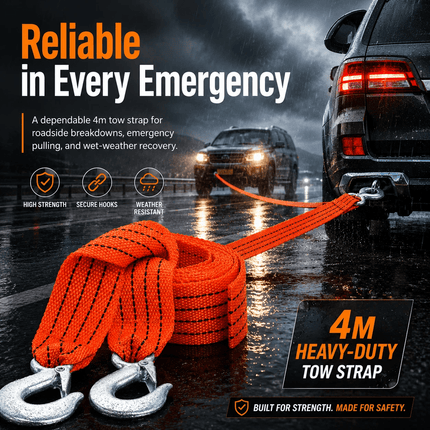Tow Strap with Hooks 4M Heavy Duty Recovery Towing Belt Rope for Car Truck SUV Vehicle Emergency Pulling Recovery Roadside Assistance