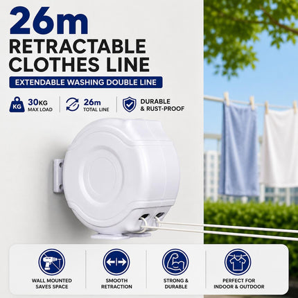 Retractable Clothes Reel Wall Mounted Drying Line 12m 15m 26m 30m Indoor Outdoor Laundry Airer Space Saving