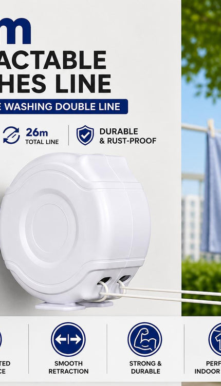 Retractable Clothes Reel Wall Mounted Drying Line 12m 15m 26m 30m Indoor Outdoor Laundry Airer Space Saving