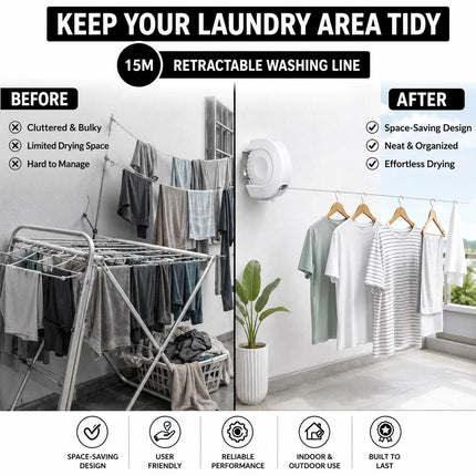 Single 15M Retractable Clothes Line 15KG Heavy Duty Washing Line Wall Mounted Extendable Dryer