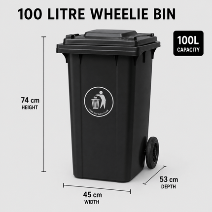 100L Black Wheelie Bin with Lid, Rubber Wheels and Push Handle, Heavy Duty HDPE Wheeled Rubbish Bin for Household, Garden, Garage and Workplace Waste