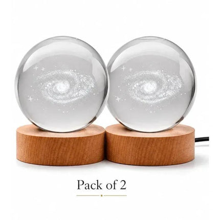 3D Galaxy Crystal Ball Night Light 8cm, USB Powered Warm White LED Lamp with Wooden Base, Laser Engraved Decorative Globe for Bedroom, Bedside Table, Desk, Gaming Room & Gifts