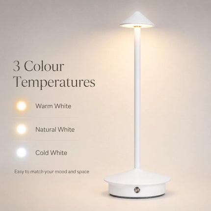 White Cordless LED Table Lamp USB-C Rechargeable Dimmable Metal Light 3 Colour Modes