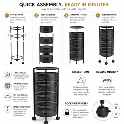 Rotating Kitchen Storage Trolley with Wheels – Multi-Layer Organizer Cart