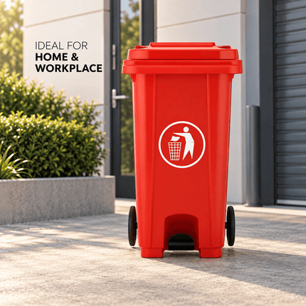 120L Red Outdoor Wheelie Bin with Lid, Heavy Duty HDPE Waste Rubbish Dustbin with Rubber Wheel