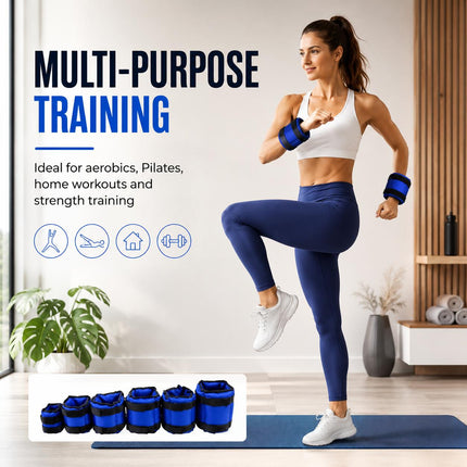 Blue Adjustable Ankle & Wrist Weights – Pair (0.5kg–3kg)