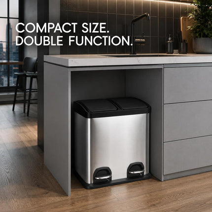 Dual Pedal Bin 2 x 15L Stainless Steel Recycling Waste Can 30L for Kitchen Office
