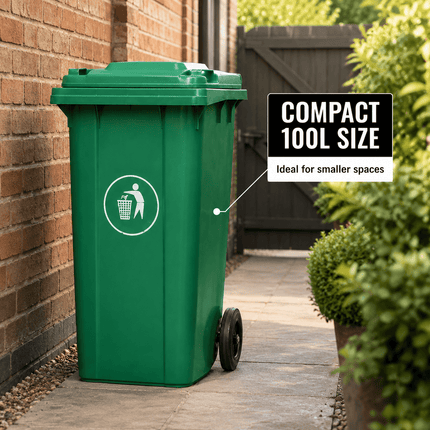 100L Green Wheelie Bin with Lid and Rubber Wheels, Heavy Duty HDPE Wheeled Refuse Bin for Household, Garden, Garage and Workplace Waste, 74 × 53 × 45 cm