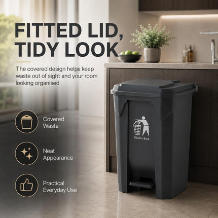 80L Pedal Bin with Lid, Large Black Plastic Kitchen Rubbish Bin for Home, Office, Bathroom and Workspace Waste