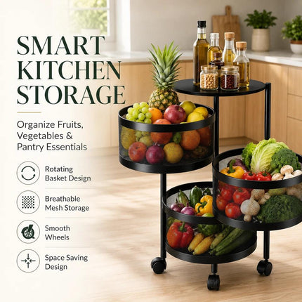 4 Tier Rotating Storage Trolley with Wheels Space-Saving Kitchen Vegetable Rack and Bathroom Organizer Shelf