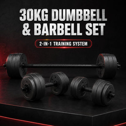 30KG Adjustable Dumbbell & Barbell Set 2-in-1 Weight Training Kit with Connecting Rod for Home Gym Workouts