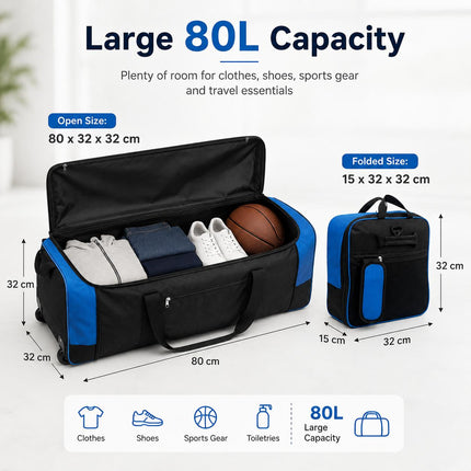 Travel Luggage Bag With Wheels 80L Large Foldable Duffle Bag Adjustable Shoulder Strap Blue / Black For Travel Sports Gym