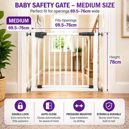 Auto-Close Baby & Pet Safety Gate | Pressure Fit Steel Stair Gate 69.5–76cm