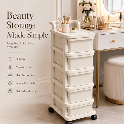 5 Tier Storage Trolley Plastic Drawer Cabinet on Wheels for Kitchen Bathroom Bedroom Home Office Organisation