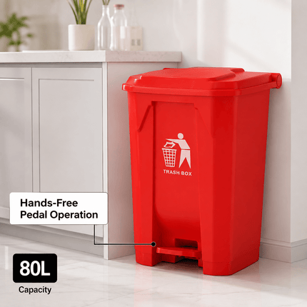 80L Red Pedal Dustbin with Lid, PP5 Plastic Hands-Free Waste Bin, Large Capacity Rubbish Bin for Kitchen, Office, Workspace & Commercial Use