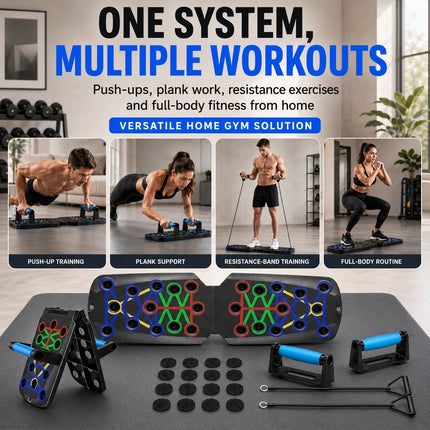 Multifunctional Push Up Board with Resistance Bands, Adjustable Handles Portable Home Gym Workout Equipment for Chest, Shoulders, Arms, Back and Full Body Strength Training Fitness Exercise System