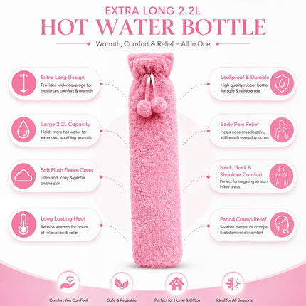 Hot Water Bottle with Soft Plush Fleece Extra Long 2.2L Cover  Pink  Long Heat Therapy Bottle for Neck, Back, Shoulders, Waist & Period Pain Relief