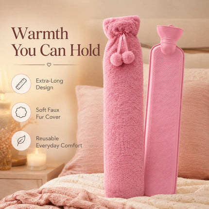 Hot Water Bottle with Soft Plush Fleece Extra Long 2.2L Cover  Pink  Long Heat Therapy Bottle for Neck, Back, Shoulders, Waist & Period Pain Relief