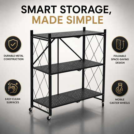 3 Tier Folding Storage Shelf Rack with Wheels, Freestanding Black Metal Shelving Unit, Foldable Mobile Organiser for Kitchen, Living Room, Bedroom, Office and Utility Room, Medium Size